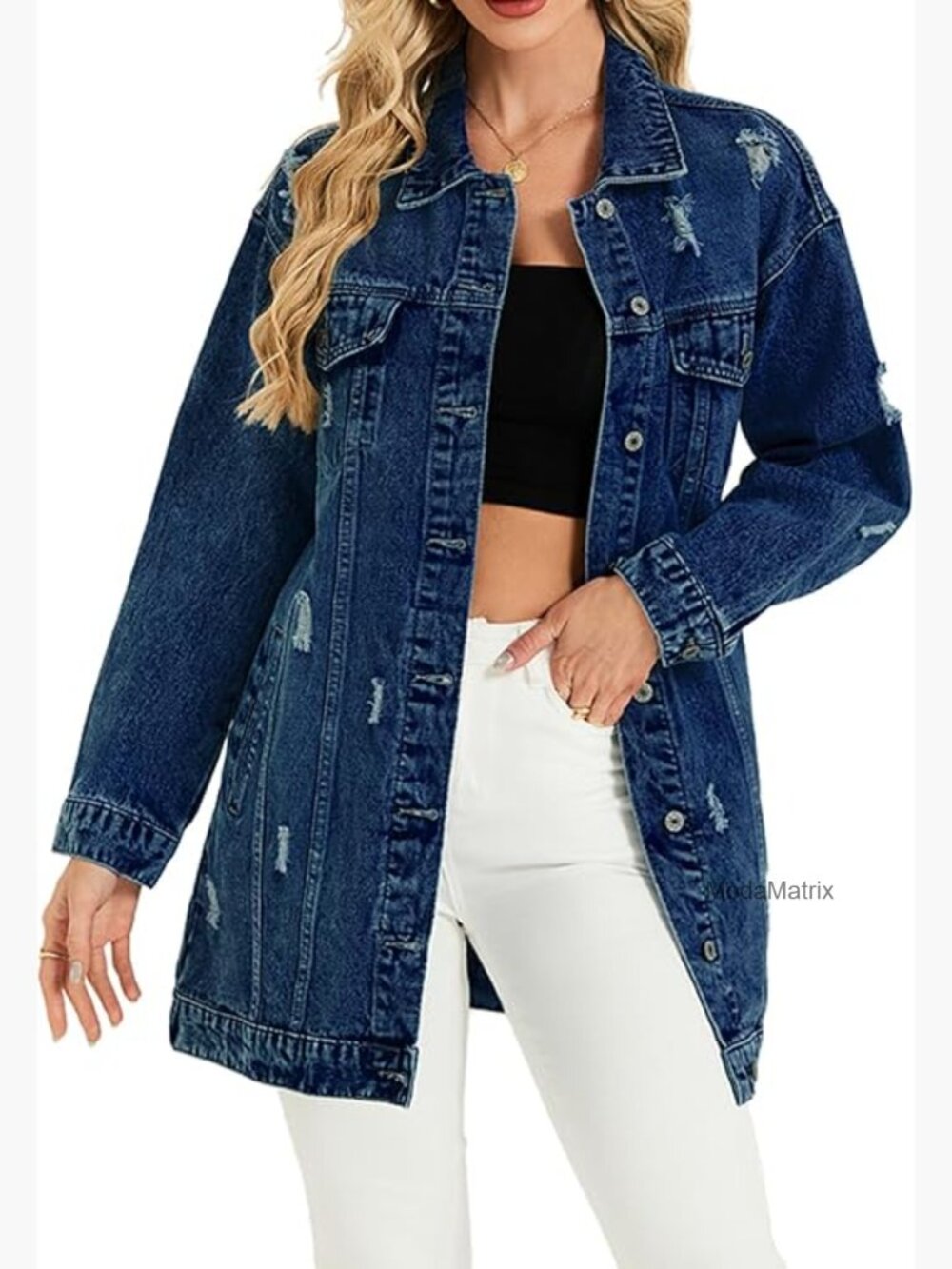 Long Oversized Distressed Denim Jacket Midi Jean Trench Coat